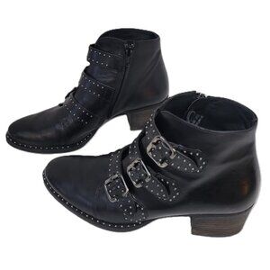 Paul Green Boots Soho Moto Silver Studded Black Leather Buckle Booties SZ US 6.5